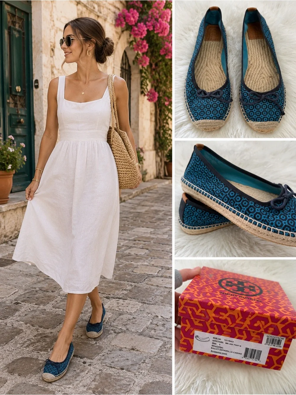 Tory Burch Canvas Ballet Espadrille Flats Navy Blue Geometric Print Bow Shoes 9